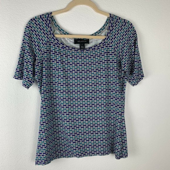 St John Tops - St. John Women's S Blue White Geometric Print Tee Shirt Top Blouse